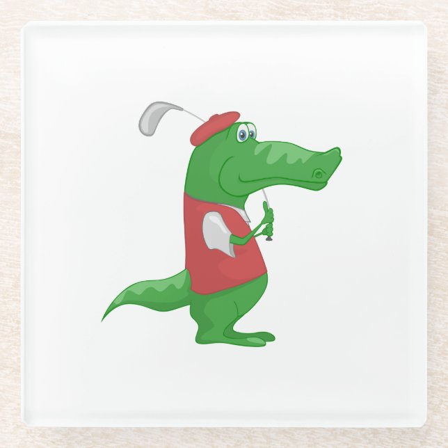 Crocodile playing golf cartoon glass coaster (Front)