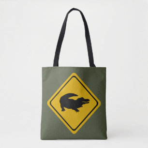 crocodile road sign tote bag
