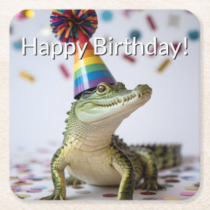 Crocodile Wearing a Rainbow Birthday Party Hat Square Paper Coaster