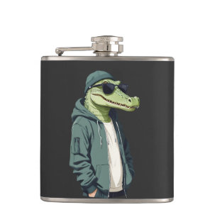 Crocodile Wearing Hoodie Funny Cool Animal Vector Hip Flask