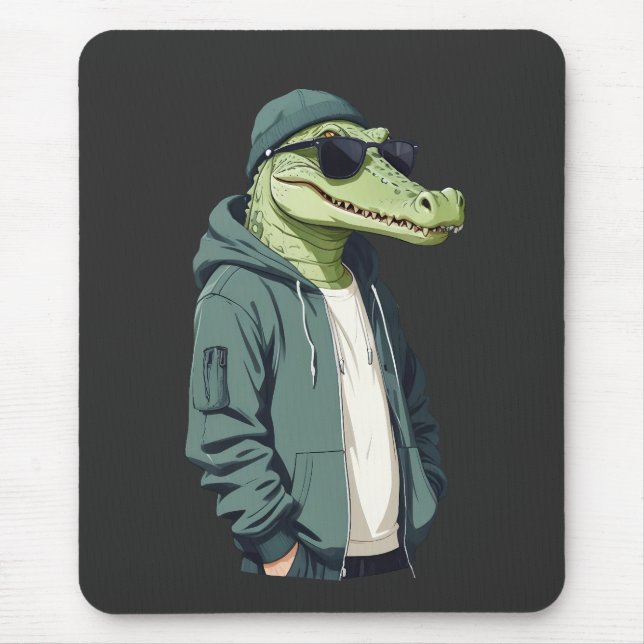 Crocodile Wearing Hoodie Funny Cool Animal Vector Mouse Pad (Front)