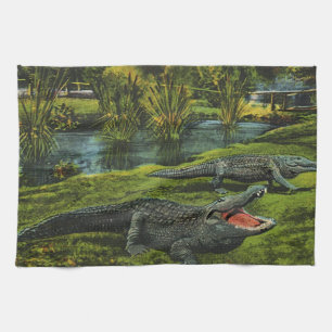 Crocodiles, Vintage Marine Life Reptiles Animals Tea Towel