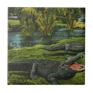 Crocodiles, Vintage Marine Life Reptiles Animals Tile