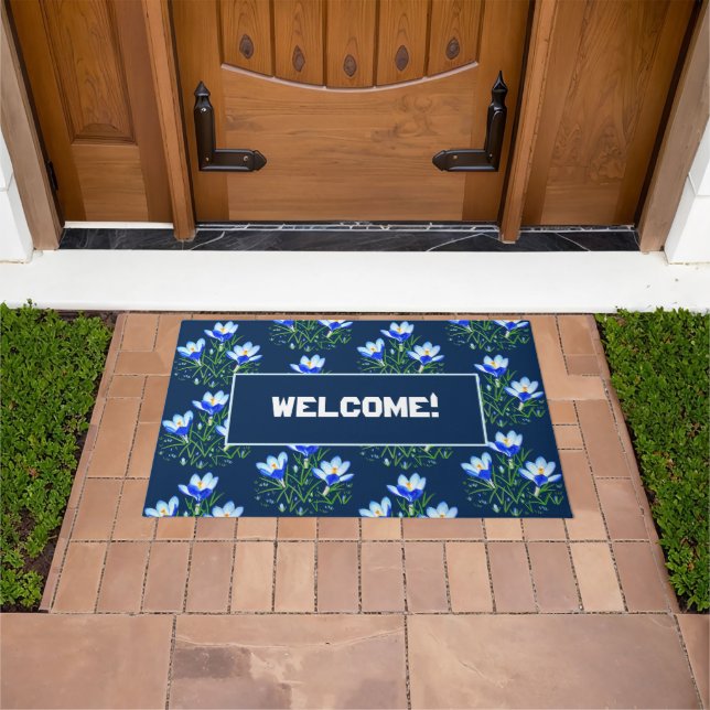 Crocus Flowers Blue Doormat (Outdoor)