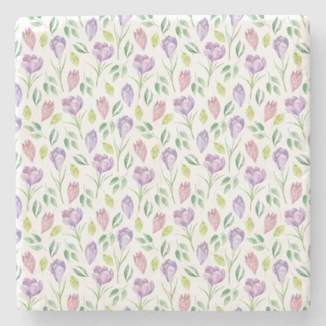 Crocus Pattern Watercolor white Stone Coaster (Front)