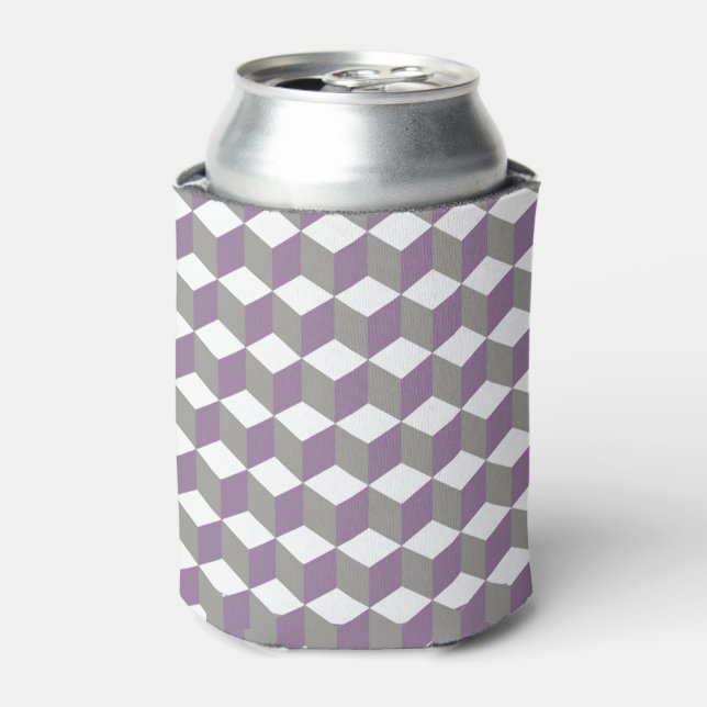 Crocus Purple and Grey Isometric Cube Pattern Can Cooler (Can Front)