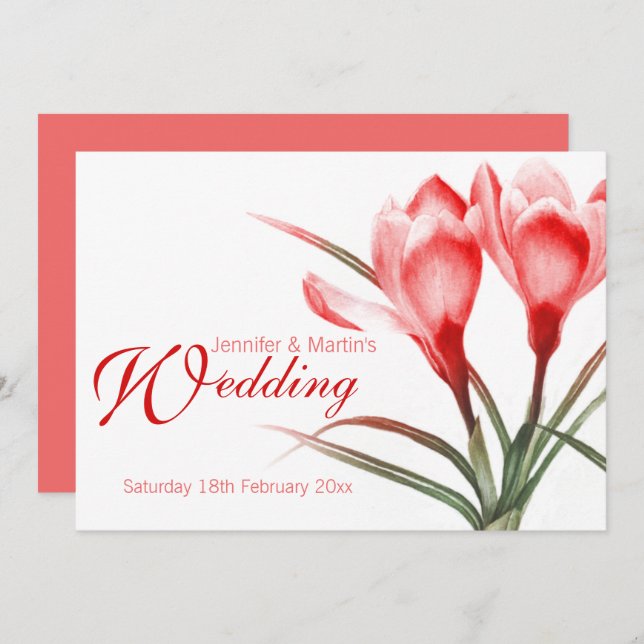 Crocus red pink floral wedding invitation (Front/Back)
