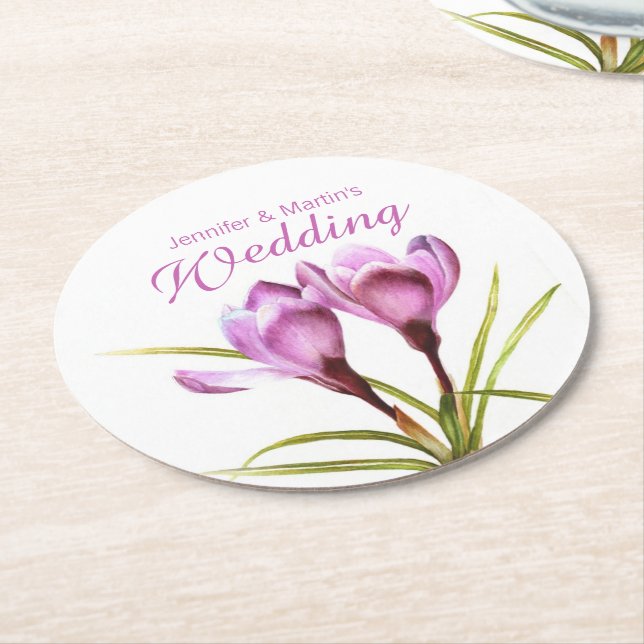 Crocus watercolor art purple wedding coasters (Angled)