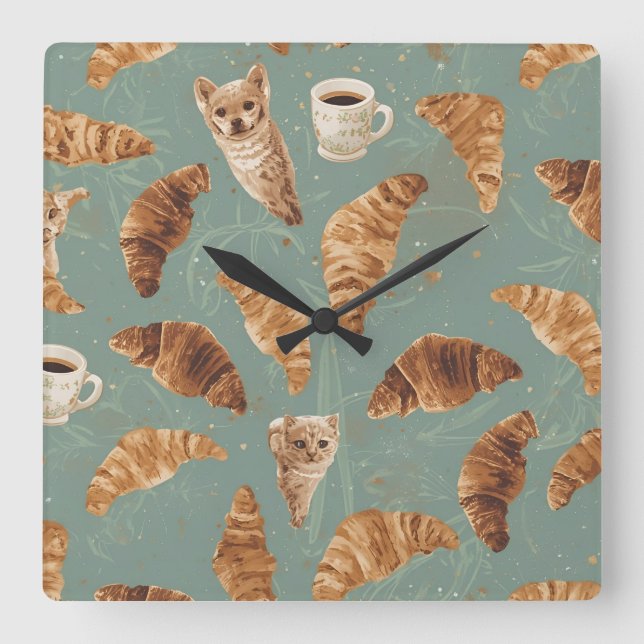 Croissant Crawl Cats, Coffee & French Bakery Chaos Square Wall Clock (Front)