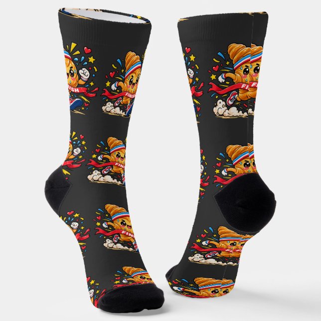 Croissant Runner Cartoon Finish Line Sprint Socks (Angled)