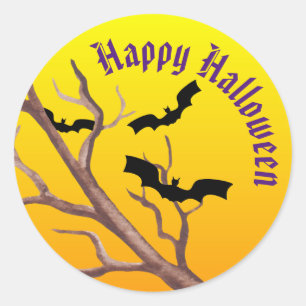 Crooked Tree Branch, Bats And A Full Moon Classic Round Sticker