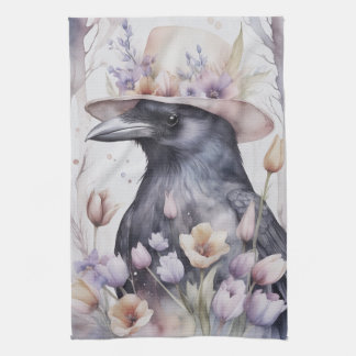 Crop Rabe Crow with hat and flowers Watercolor Tea Towel