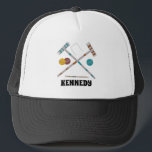 Croquet Set, Lawn Games Graphic Personalised Trucker Hat<br><div class="desc">Keep the sun out of your eyes the next time you're playing a game of croquet with this personalised hat. It features illustrations of croquet set piece like croquet mallets and balls with a spot to add a name or other text in bold black lettering below the graphic.</div>