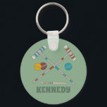 Croquet Set Lawn Games Jade Green Key Ring<br><div class="desc">Create a small personalised gift that's perfect for someone who loves to play croquet. This keychain features illustrations of equipment from a croquet set like croquet mallets and balls set against a jade green background. It's ready to be personalised with a name below the graphic in darker green lettering.</div>