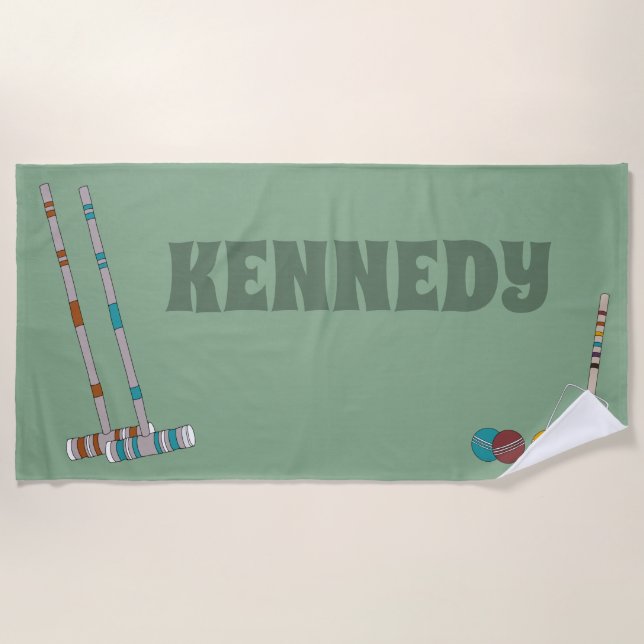 Croquet Set Lawn Games Jade Green Personalised Beach Towel (Front)