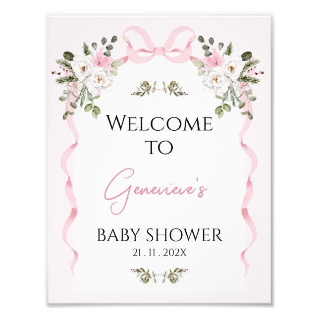 Croquette Pink Bow Arch Baby Shower Welcome Sign (Front)