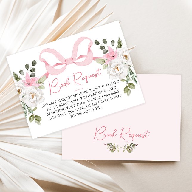 Croquette Pink Bow Baby Shower Book Request Card (Pink Bow Baby Shower Book Request Inserts, Coquette Pink Bow Baby Shower Invitation, Winter Floral)