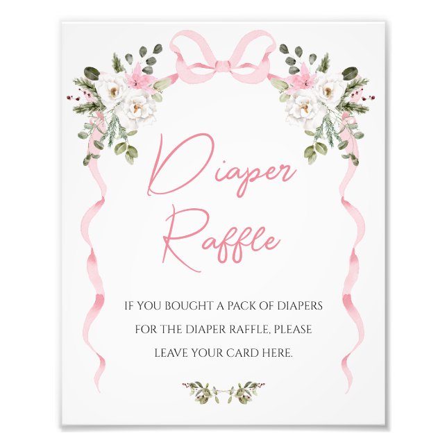 Croquette Pink Bow Floral Baby Shower Diaper Sign (Front)
