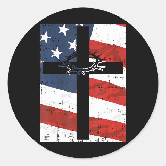 Cross American Flag Thorn God Jesus Faith Classic Round Sticker (Front)