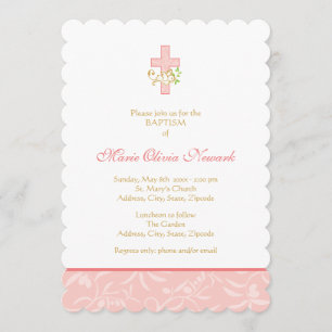 Cross and Dove   Coral Girl Baptism Invitation