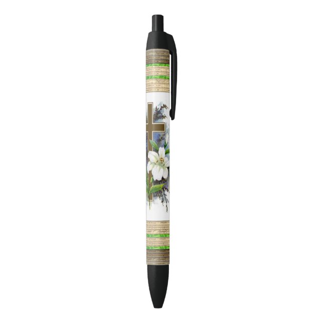 Cross And Flowers Black Ink Pen (Bottom (Vertical))