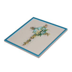 Cross and Flowers Ceramic Tile