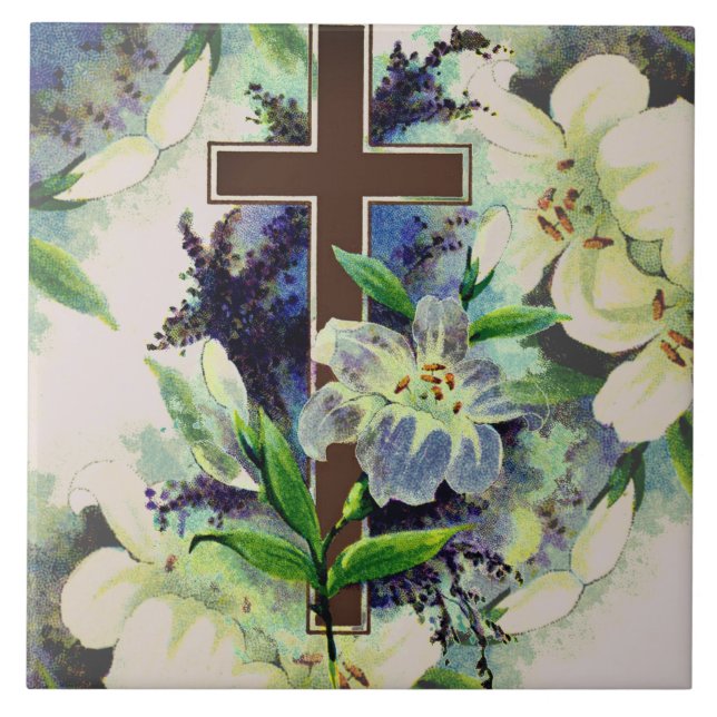 Cross And Flowers Ceramic Tile (Front)