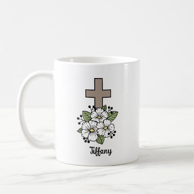 Cross and Flowers Personalised  Coffee Mug (Left)
