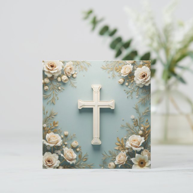 Cross and White Roses Catholic Christening Invitation (Standing Front)