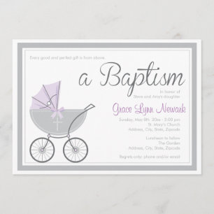 Cross Baby Carriage Purple Girl Baptism Invitation