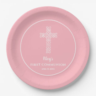 Cross Baby Pink Communion Baptism Christening Paper Plate
