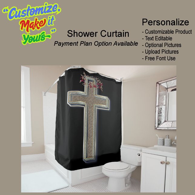 Cross Biblical Shower Curtain Black Background (Cross Biblical Shower Curtain Featuring a Black Background.)
