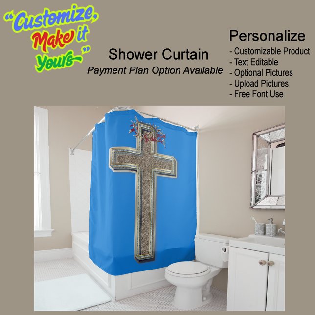 Cross Biblical Shower Curtain Blue Background (Cross Biblical Shower Curtain Featuring a Blue Background.)