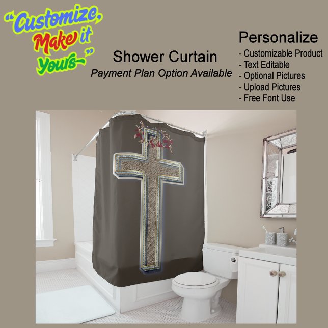 Cross Biblical Shower Curtain Brown Background (Cross Biblical Shower Curtain Featuring a Brown Background.)