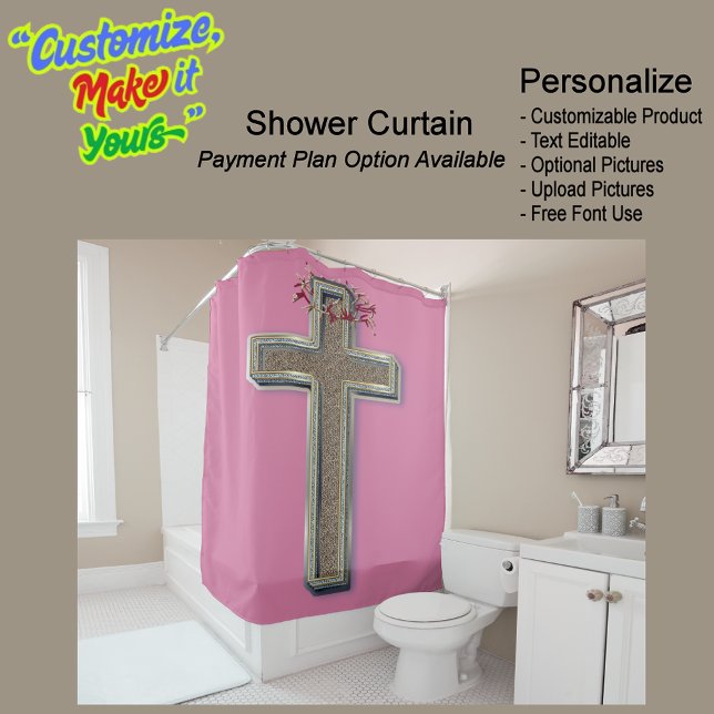 Cross Biblical Shower Curtain Pink Background (Cross Biblical Shower Curtain Featuring a Pink Background.)