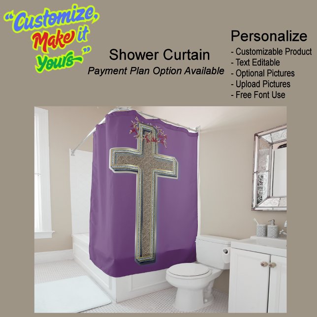 Cross Biblical Shower Curtain Purple Background (Cross Biblical Shower Curtain Featuring a Purple Background.)