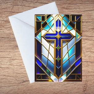 Cross Blue Colourful Stained Glass Illustration Thank You Card