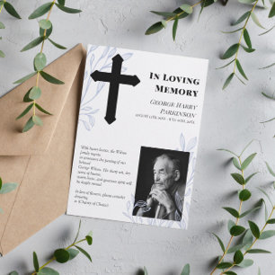 Cross & Blue Greenery Photo In Loving Memory Announcement