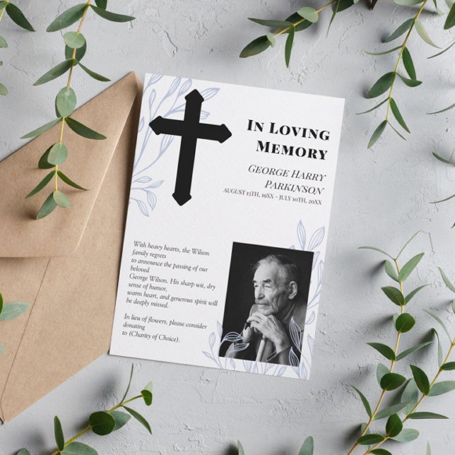 Cross & Blue Greenery Photo In Loving Memory Announcement (Creator Uploaded)