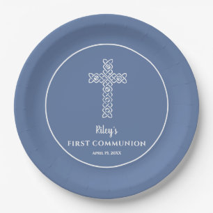 Cross   Blue Grey Communion Baptism Christening Paper Plate