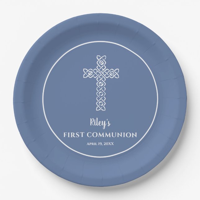 Cross | Blue Grey Communion Baptism Christening Paper Plate (Front)