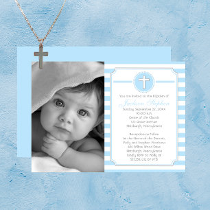 Cross Blue Stripes Boy Photo Baptism Invitation