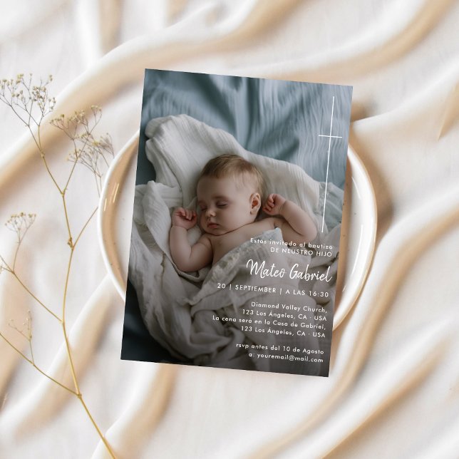 Cross Catholic Baptism Calligraphy Bautizo Photo Invitation (Creator Uploaded)