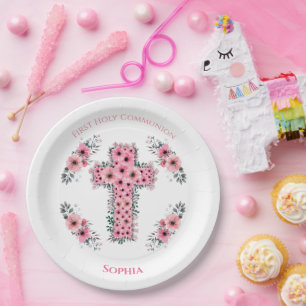 Cross Chic First Holy Communion Girl Pink Flower Paper Plate