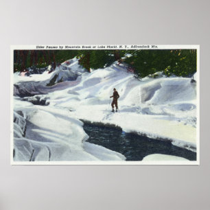 Cross-Country Skier Pauses by Mountain Brook Poster