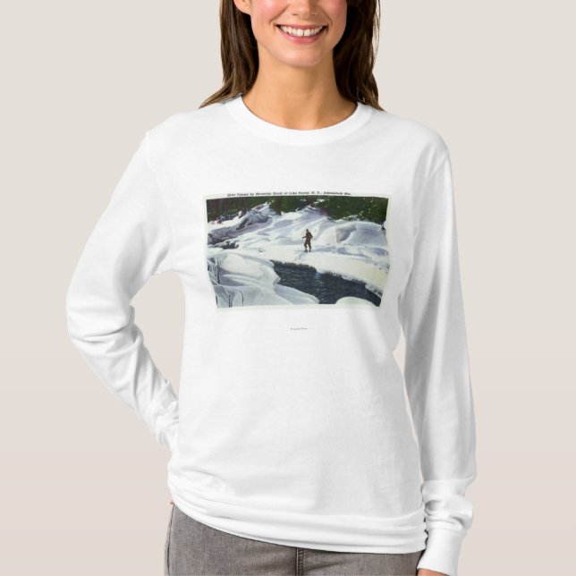 Cross-Country Skier Pauses by Mountain Brook T-Shirt (Front)