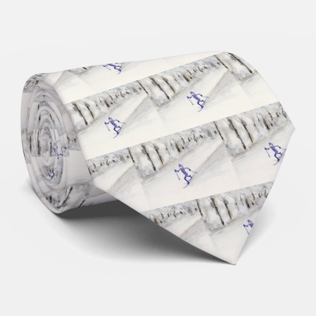 Cross Country Skiing Watercolor Tie (Rolled)