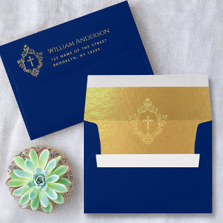 Cross Crest Royal Blue Faux Gold Elegant Religious Envelope