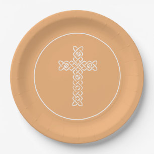 Cross   Deep Peach Communion Baptism Christening Paper Plate