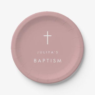 Cross dusty pink baby girl Baptism Paper Plate